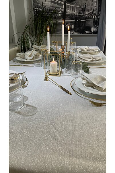 Decamor home Keten Dokulu Gold Simli Ekru Masa Örtüsü