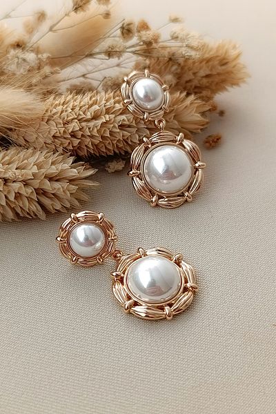 COSİTA Elegant and Fashionable Zircon Stone Gold Color Earrings with Pearl Detail Frame Pattern