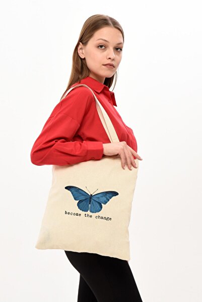 Çınar Bez Çanta Become The Change Baskılı Ham Bez Çanta