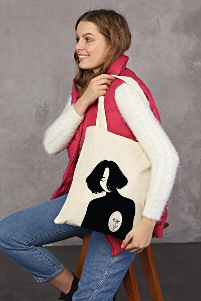 Çınar Bez Çanta ÇİÇEKTEN KALP BASKILI HAM BEZ ÇANTA (Tek Taraflı)