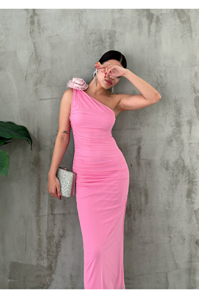 Angel Mia Tek Omuz Çiçek Detaylı Tül Elbise Pembe