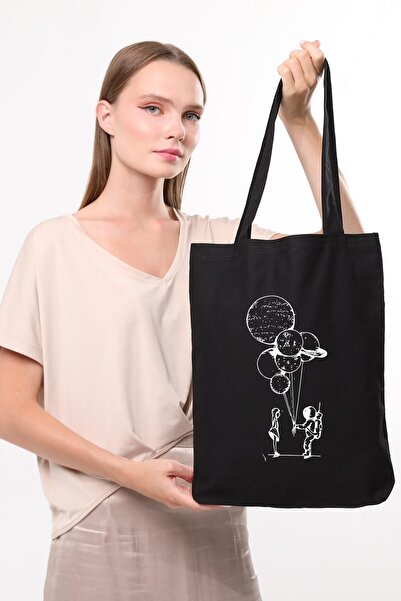 Çınar Bez Çanta Siyah Kanvas Astronot Balon Baskılı Çanta