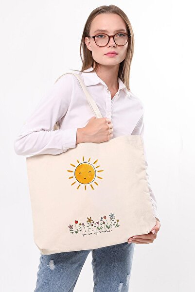 Çınar Bez Çanta Kanvas Yatay Gülümseyen Güneş Baskılı Bez Çanta