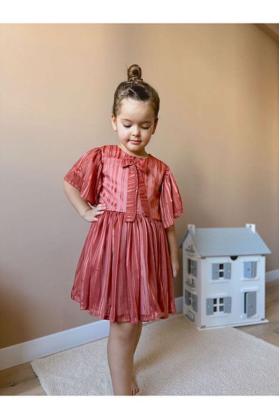 inMini Girls' Organza Jagar Bow Pleated Short Sleeve Dress