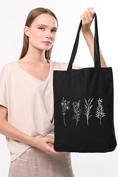 Çınar Bez Çanta Siyah Kanvas 4 Dallı Çiçek Baskılı Çanta