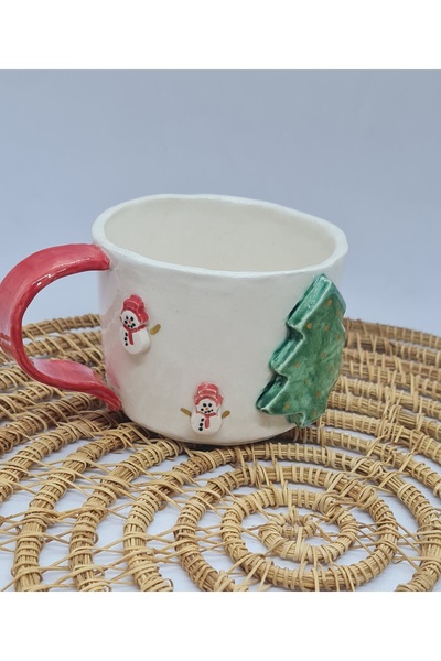 senseoftouch Çam Ağaçlı Ve Kardan Adamlı El Yapımı Fincan yılbaşı