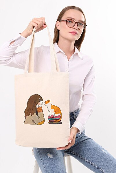 Çınar Bez Çanta Kanvas Kedili Kız Baskılı Bez Çanta