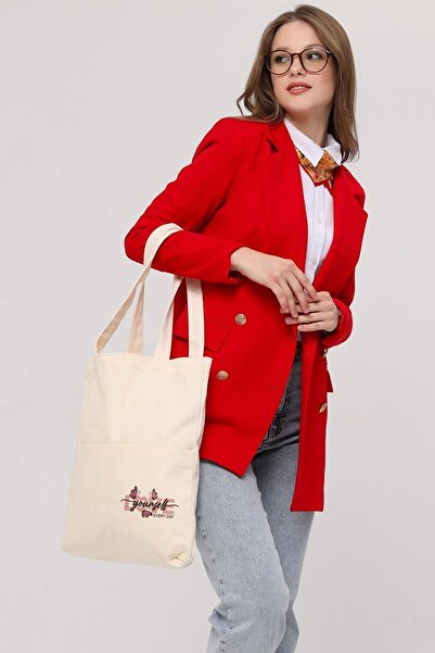 Çınar Bez Çanta 3 Cepli Love Yourself  Baskılı Ekru Gabardin Çanta