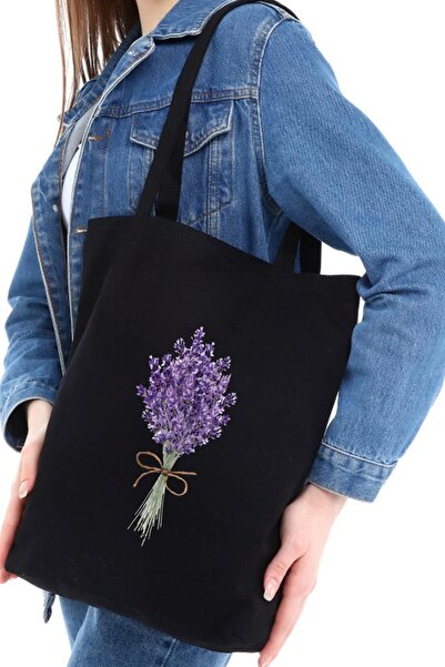 Çınar Bez Çanta Siyah Kanvas Lavender Bunch Baskılı Çanta