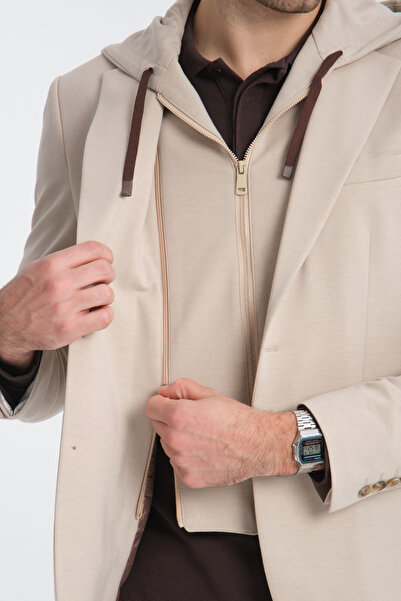 Frappoli Marcio Чоловічий бежевий знімний капюшон, напівпідкладка, slim fit, моно комір, спортивний блейзер