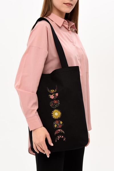 Çınar Bez Çanta Siyah Kanvas Yarım Ay Baskılı Çanta