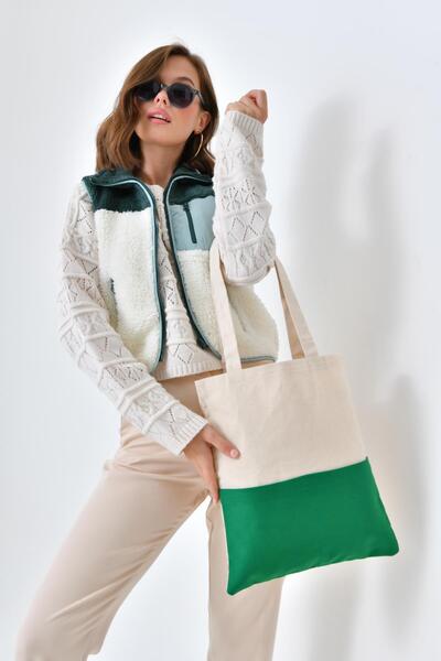 Çınar Bez Çanta Kanvas Yeşil Parça Cepli Bez Çanta