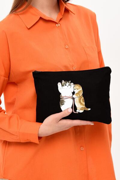 Çınar Bez Çanta Чанта за гримове Clutch Cats Size, черна, платнена