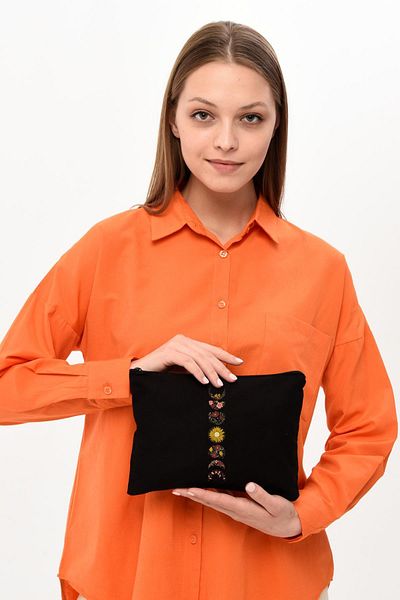 Çınar Bez Çanta Clutch Half Moon Black Canvas Makeup Bag
