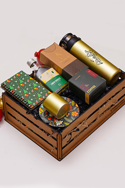 TrendHediye Yılbaşı Hediye Seti &Ahşap Defter, Fincan, Kolonya, Cam Suluk, Kahve