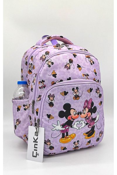 Çınka Bags Set de rucsac pentru școala primară cu model de caractere de culoare liliac cu nutriție din folie și suport pentru stilou