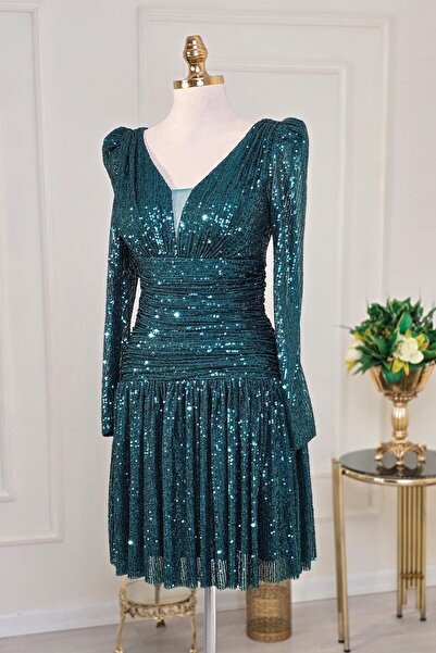 Yonca Moda Evi Zümrüt Kısa Payet Abiye 78901