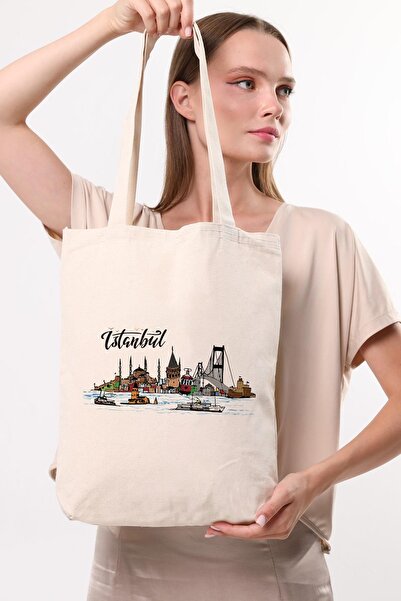 Çınar Bez Çanta Kanvas Renkli İstanbul Baskılı Bez Çanta