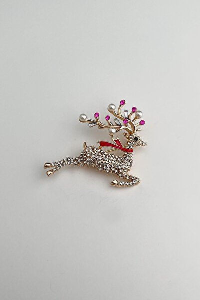 Modex Altın Rengi Taşlı İncili Geyik Broş (4cm)