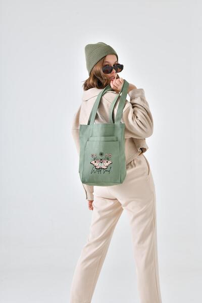 Çınar Bez Çanta 2 Cepli Wild Soul Baskılı Mint Yeşili Gabardin Çanta