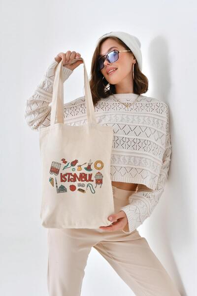 Çınar Bez Çanta İstanbul Simit Çay Baskılı Kanvas Bez Çanta