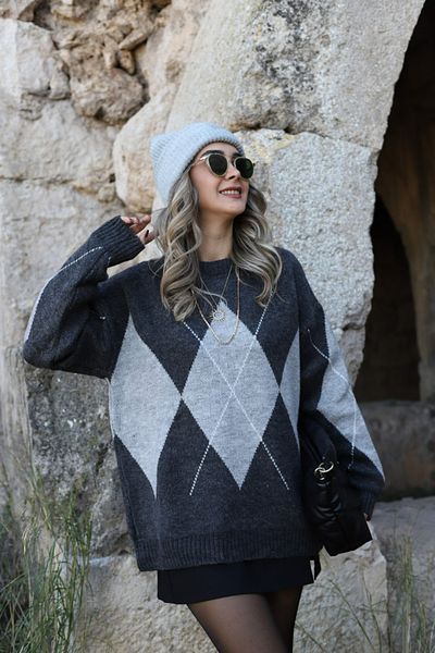 bytugcekaya Pulover de mărime standard cu model diamantat gri antracit