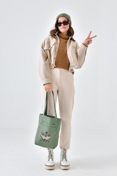 Çınar Bez Çanta 2 Cepli Wild Soul Baskılı Mint Yeşili Gabardin Çanta