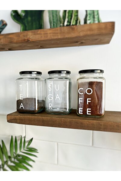 Atölye Merdiven 3-Piece Glass Jar Storage Container Tea Sugar Coffee Label Kitchen Organizing Set 1000ml