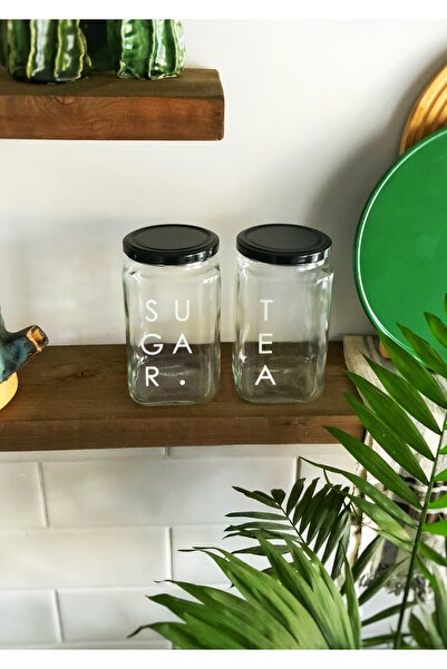 Atölye Merdiven Set of 2 Glass Jars Tea Coffee Food Arrangement Storage Container with Sugar Label