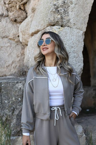 bytugcekaya Σετ αθλητική φόρμα από ύφασμα Khaki Piping Modal
