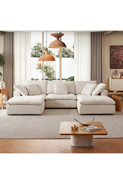 SCY Regen Bej U Tipi Köşe Koltuk Takımı Dekoratif Özel Tasarım Modüler Pofuduk Köşe Grubu