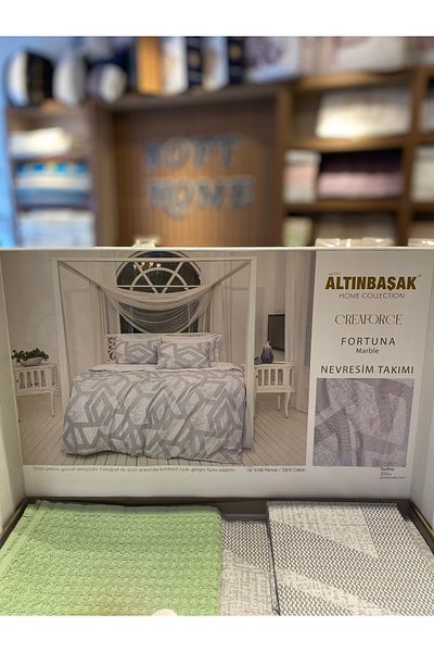 Altınbaşak 100% Cotton Fortuna Marble Single Duvet Cover Set (Towel Gift)