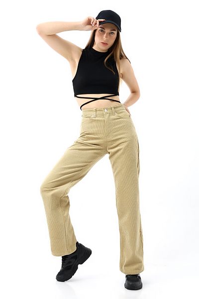 KAGAWA High Waist Velvet Straight Fit Trousers