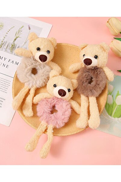 REBORN DESIGN مشبك مطاطي من القطيفة على شكل دمية دب منفوش بلون المنك