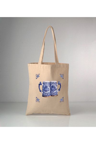GİFTORA Special Series Delft Blue Cup Printed Raw Cloth Shoulder Bag