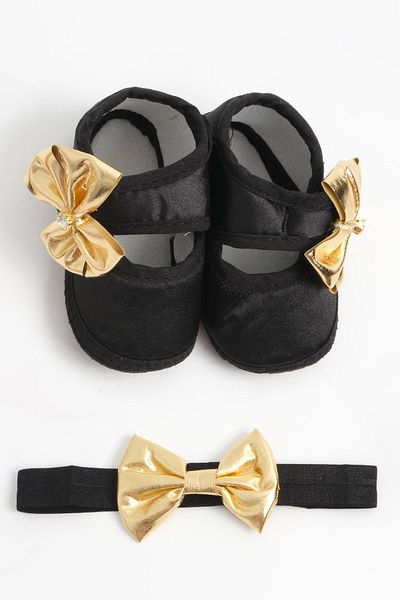 LOGO AKSESUAR 0-3 Months Newborn Black Baby Bandana and Booties Set