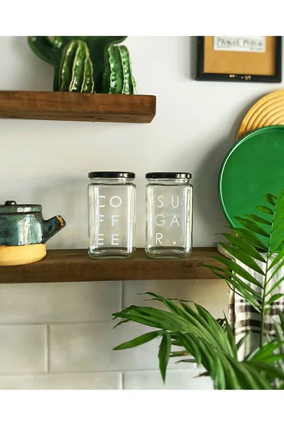 Atölye Merdiven Set of 2 Glass Jars Tea Coffee Food Arrangement Storage Container with Sugar Label