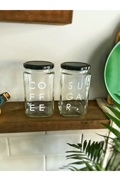 Atölye Merdiven Set of 2 Glass Jars Tea Coffee Food Arrangement Storage Container with Sugar Label