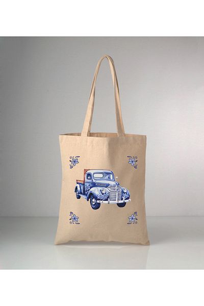 GİFTORA Special Series Delft Blue Pickup Truck Printed Raw Cloth Shoulder Bag