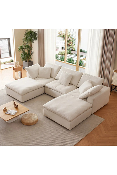 SCY Regen Bej U Tipi Köşe Koltuk Takımı Dekoratif Özel Tasarım Modüler Pofuduk Köşe Grubu