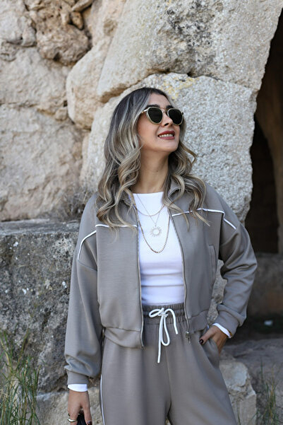 bytugcekaya Σετ αθλητική φόρμα από ύφασμα Khaki Piping Modal