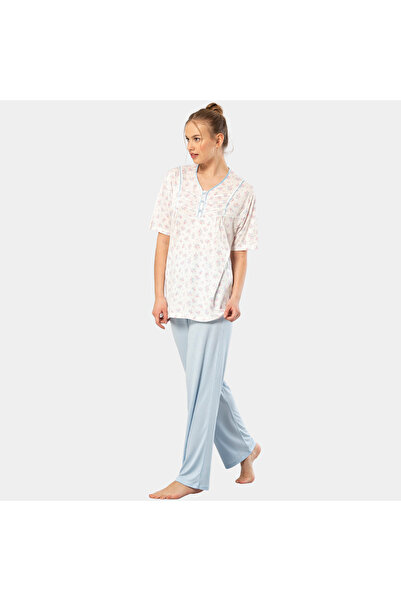 TÜREN Printed Buttoned Plus Size Short Sleeve Pajama Set 3369/Blue