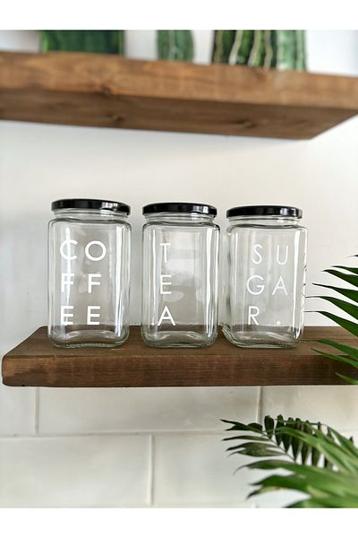 Atölye Merdiven 3-Piece Glass Jar Storage Container Tea Sugar Coffee Label Kitchen Organizing Set 850ml