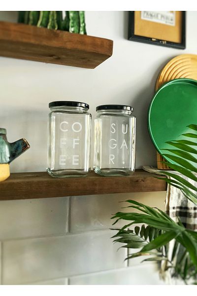 Atölye Merdiven Set of 2 Glass Jars Tea Coffee Food Arrangement Storage Container with Sugar Label
