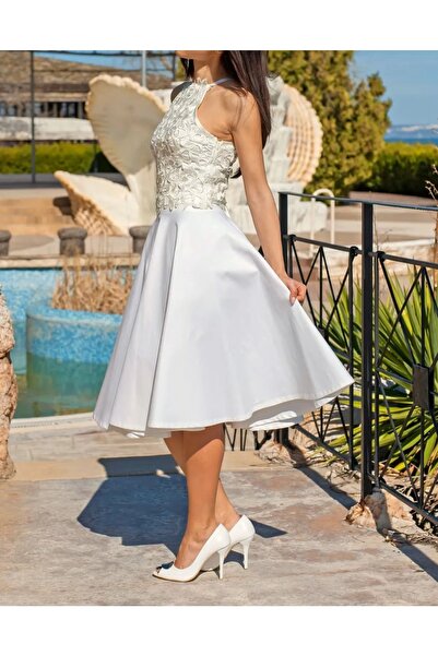 NSMLİFE Rochie de seară de lungime midi albă de damă Fusta de promisiune de logodnă de nuntă