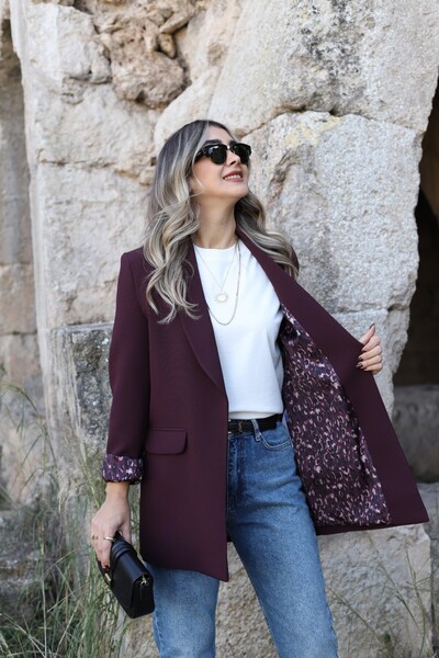 bytugcekaya Mürdüm Leopar Astarlı Şal Yaka Blazer