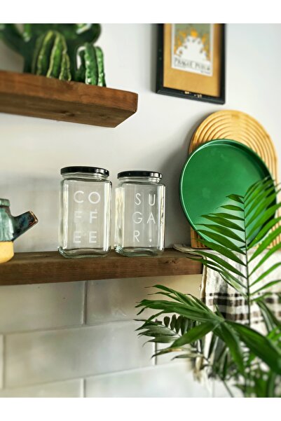 Atölye Merdiven Set of 2 Glass Jars Tea Coffee Food Arrangement Storage Container with Sugar Label