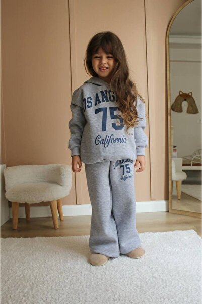 Lolliboomkids Girl's Grey Blue Color Slogan Lettering California Los Angeles 75 Trend Cotton Tracksuit Set