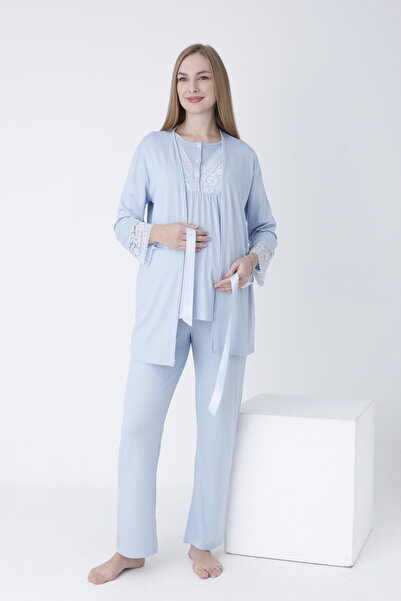 Miss Dünya Lissa Sabahlıklı Dantel Detaylı Önden Düğmeli Hamile Ve Lohusa Pijama Takımı