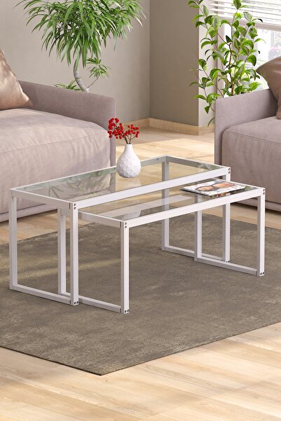 TOLIAHOME Modern Beyaz Renk 2’li Metal Iskeletli Temper Camlı Zigon Orta Sehpa